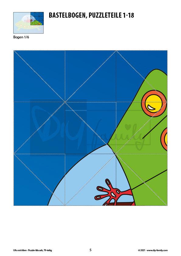 UFO mit Alien – Mosaikpuzzle zum Ausschneiden und Basteln