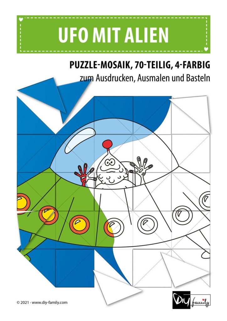 UFO mit Alien – Mosaikpuzzle zum Ausschneiden und Ausmalen