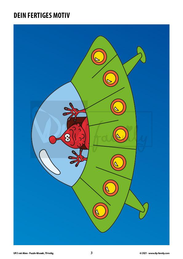 UFO mit Alien – Mosaikpuzzle zum Ausschneiden und Ausmalen