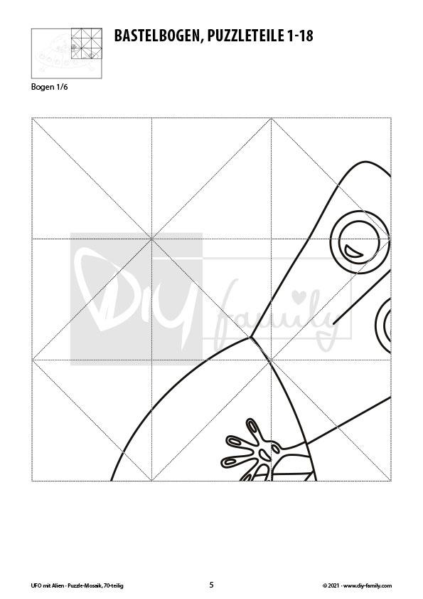 UFO mit Alien – Mosaikpuzzle zum Ausschneiden und Ausmalen