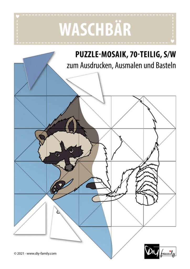Waschbär – Mosaikpuzzle zum Ausschneiden und Ausmalen