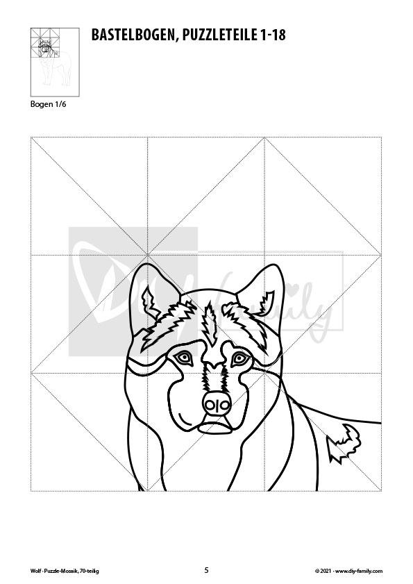 Wolf – Mosaikpuzzle zum Ausschneiden und Ausmalen