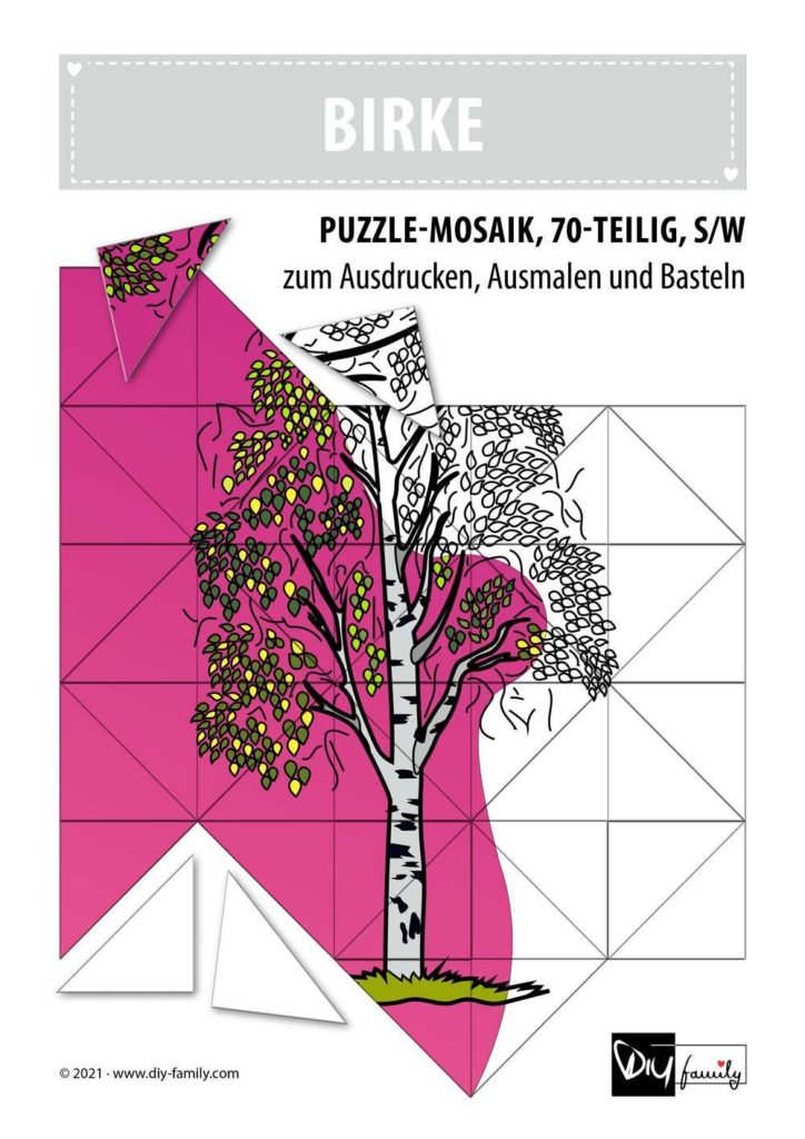 Birke – Mosaikpuzzle zum Ausschneiden und Ausmalen