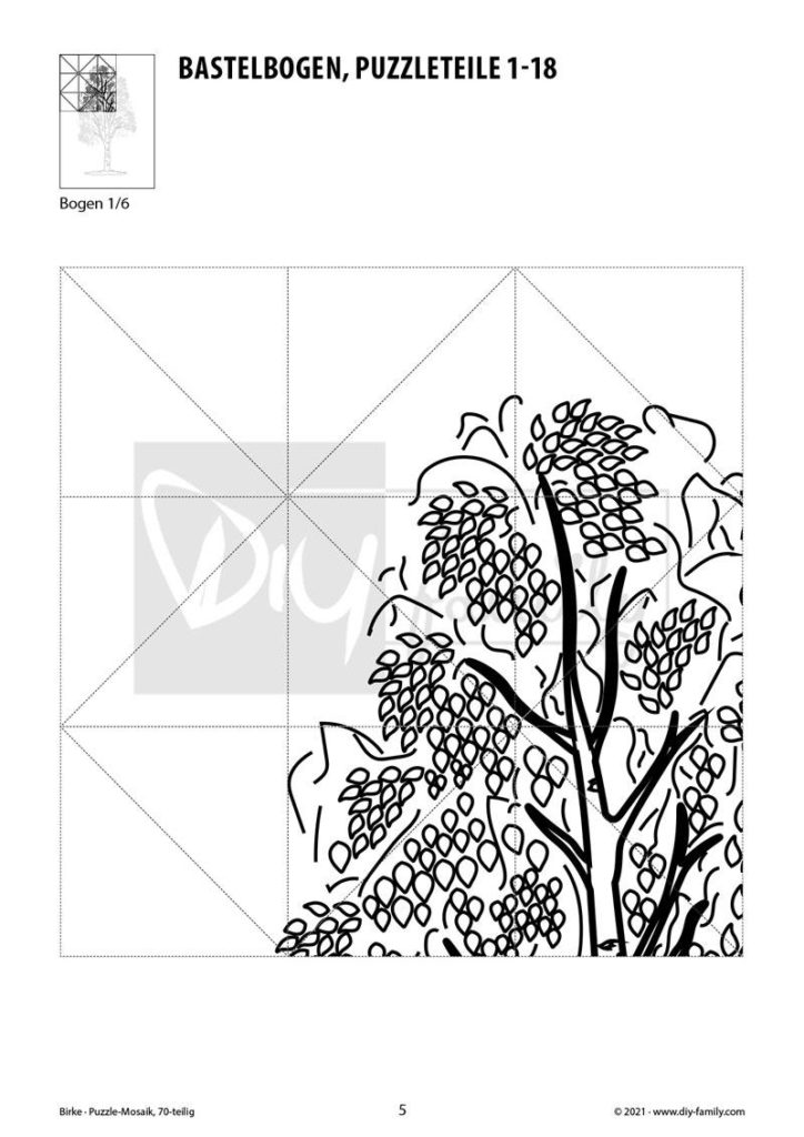 Birke – Mosaikpuzzle zum Ausschneiden und Ausmalen