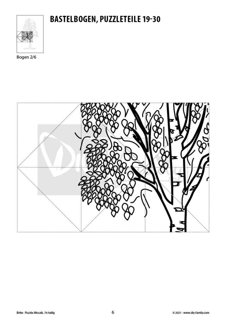 Birke – Mosaikpuzzle zum Ausschneiden und Ausmalen