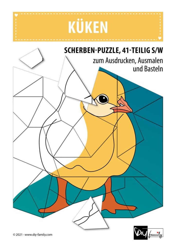 Küken – Scherben-Puzzle zum Ausdrucken, Ausschneiden und Ausmalen