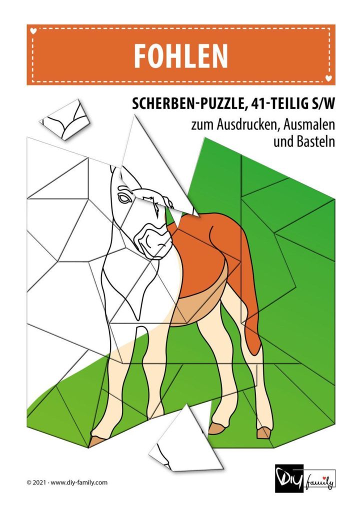Fohlen – Scherben-Puzzle zum Ausdrucken, Ausschneiden und Ausmalen