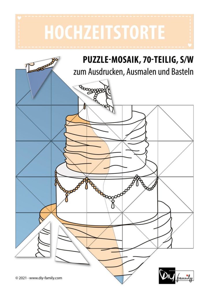 Hochzeitsstorte – Mosaikpuzzle zum Ausschneiden und Ausmalen
