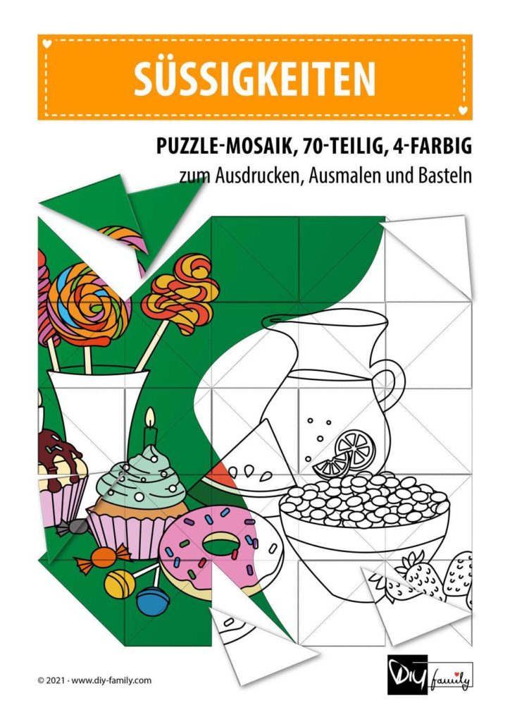 Süssigkeiten – Mosaikpuzzle zum Ausschneiden und Ausmalen