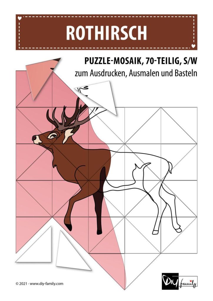 Rothirsch – Mosaikpuzzle zum Ausschneiden und Ausmalen