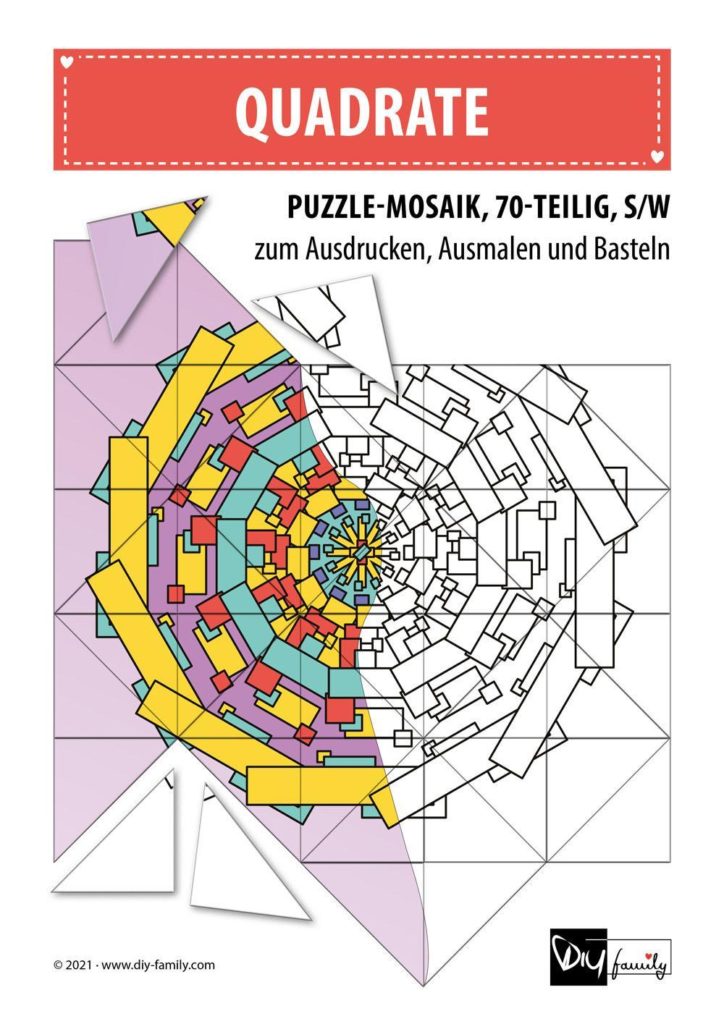 Quadrate – Mosaikpuzzle zum Ausschneiden und Ausmalen