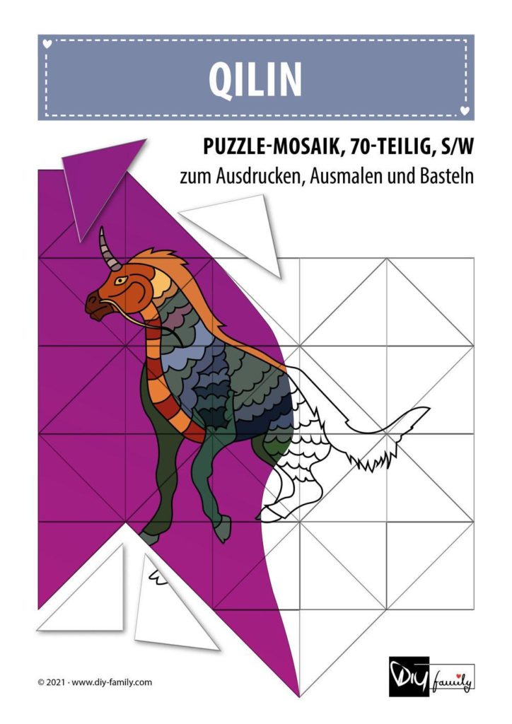 Qilin – Mosaikpuzzle zum Ausschneiden und Ausmalen