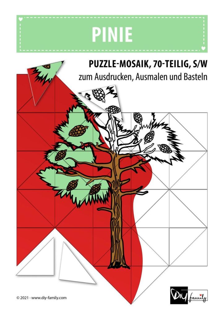 Pinie – Mosaikpuzzle zum Ausschneiden und Ausmalen