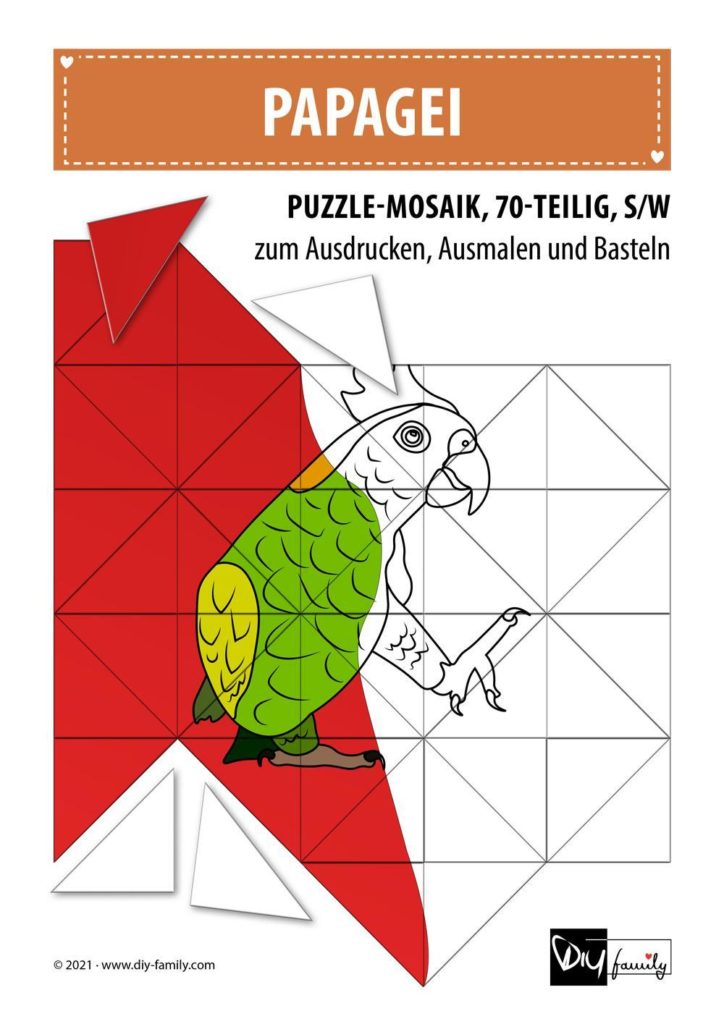 Papagei – Mosaikpuzzle zum Ausschneiden und Ausmalen