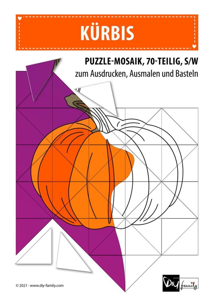 Kürbis – Mosaikpuzzle zum Ausschneiden und Ausmalen