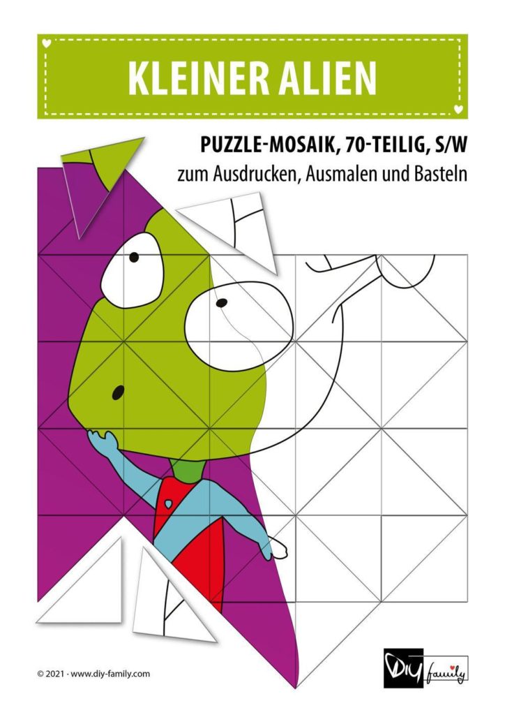 Kleiner Alien – Mosaikpuzzle zum Ausschneiden und Ausmalen