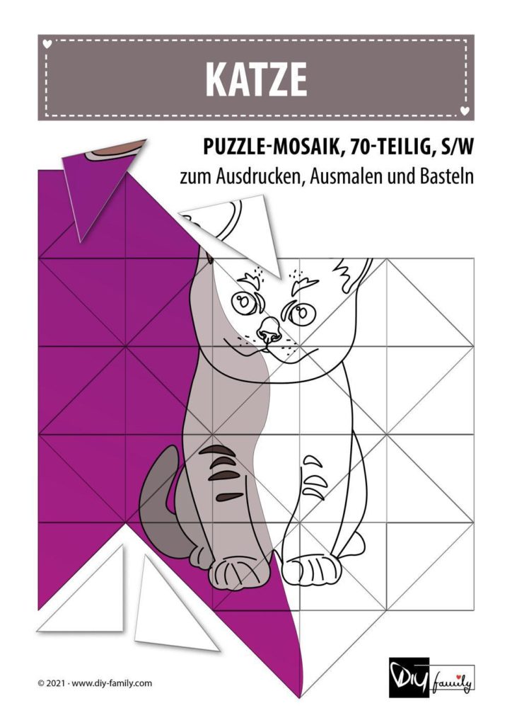 Katze – Mosaikpuzzle zum Ausschneiden und Ausmalen