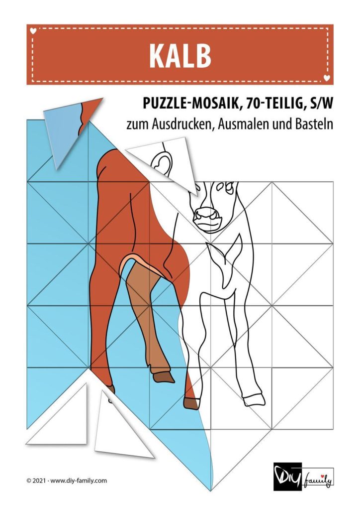 Kalb – Mosaikpuzzle zum Ausschneiden und Ausmalen