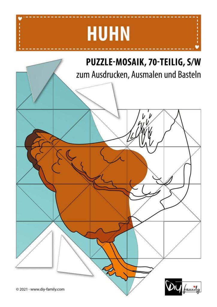 Huhn – Mosaikpuzzle zum Ausschneiden und Ausmalen
