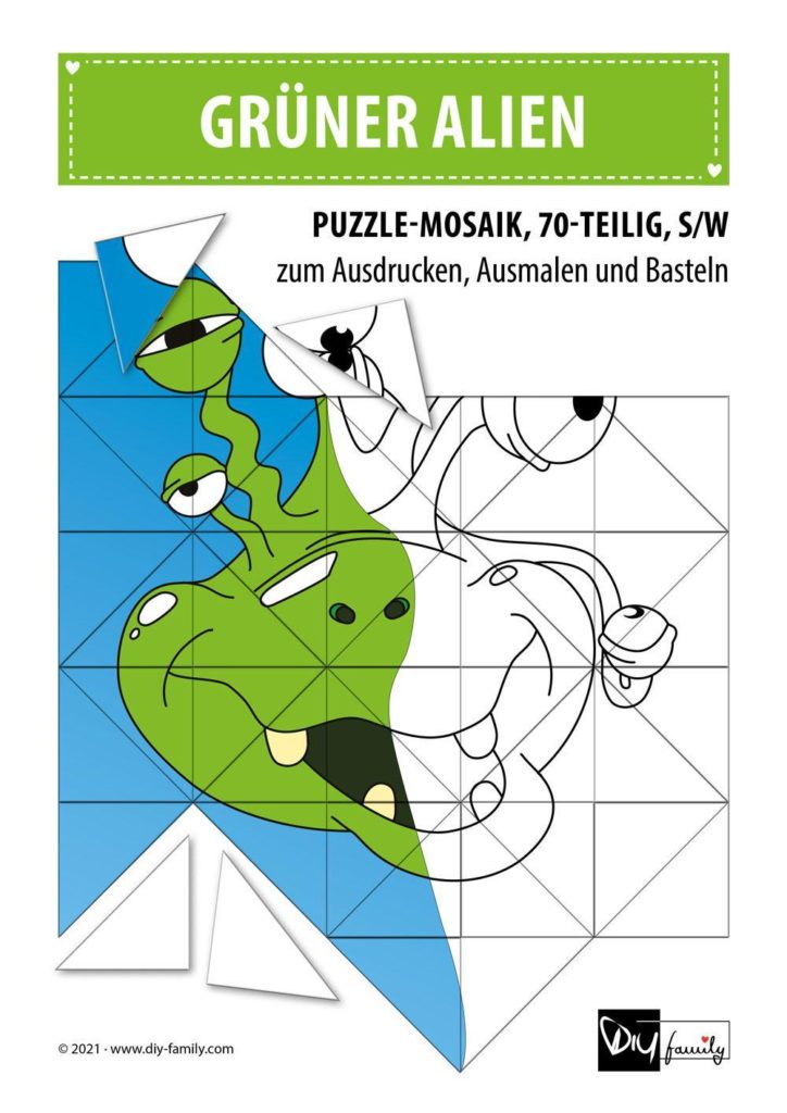 Grüner Alien – Mosaikpuzzle zum Ausschneiden und Ausmalen