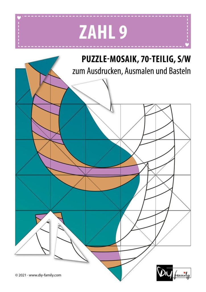 Gestreifte Zahlen 9 – Mosaikpuzzle zum Ausschneiden und Ausmalen