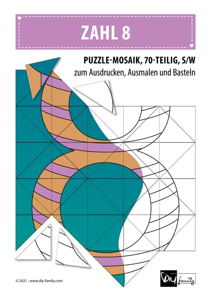 Gestreifte Zahlen 8 – Mosaikpuzzle zum Ausschneiden und Ausmalen