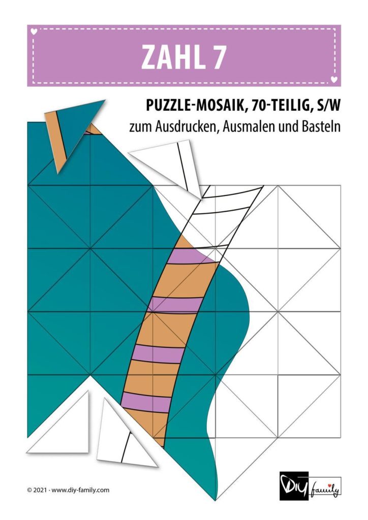 Gestreifte Zahlen 7 – Mosaikpuzzle zum Ausschneiden und Ausmalen