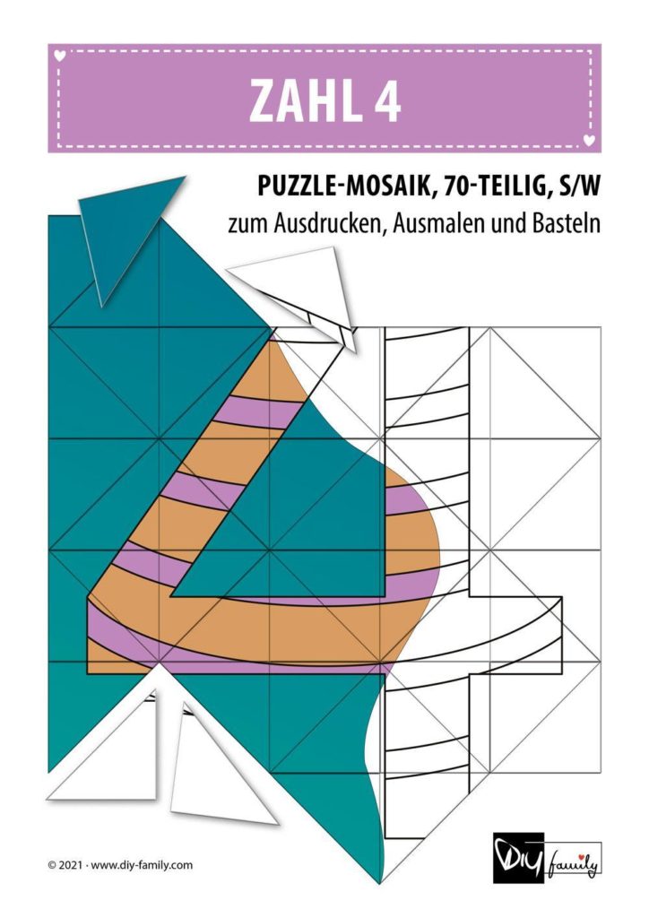 Gestreifte Zahlen 4 – Mosaikpuzzle zum Ausschneiden und Ausmalen