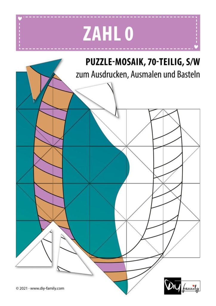 Gestreifte Zahlen 0 – Mosaikpuzzle zum Ausschneiden und Ausmalen