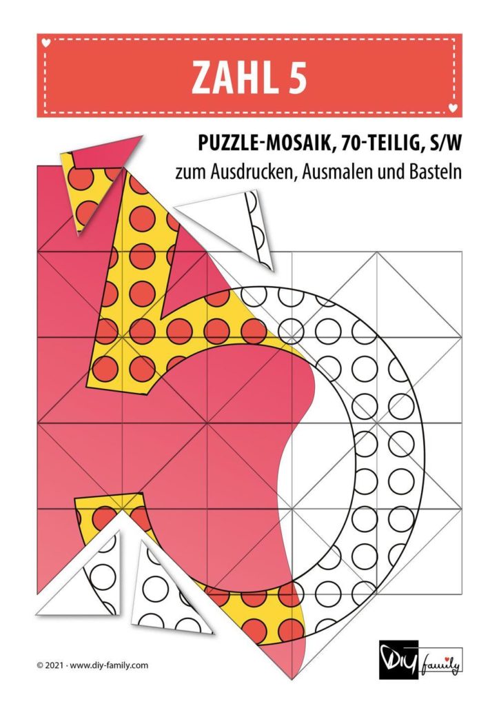 Gepunktete Zahlen 5 – Mosaikpuzzle zum Ausschneiden und Ausmalen