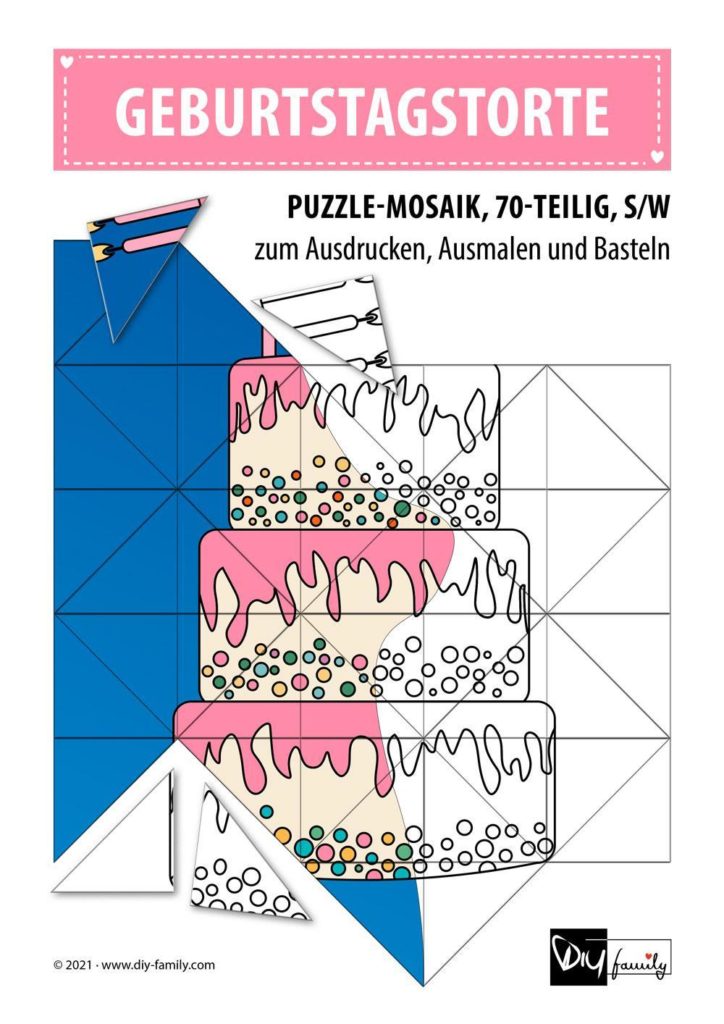Geburtstagstorte – Mosaikpuzzle zum Ausschneiden und Ausmalen