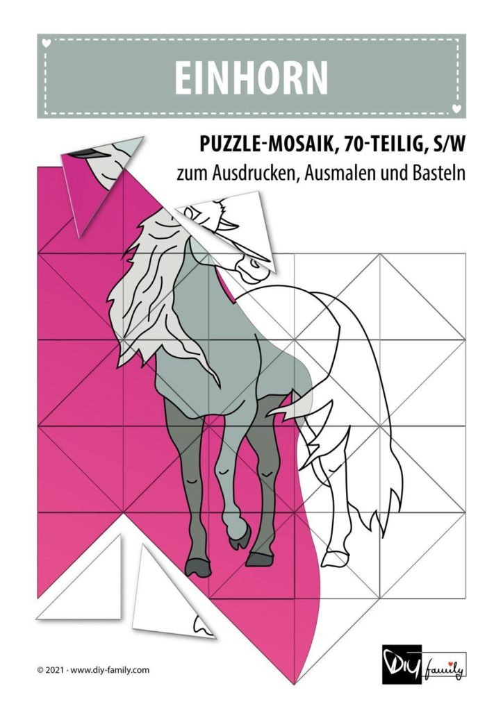 Einhorn – Mosaikpuzzle zum Ausschneiden und Ausmalen