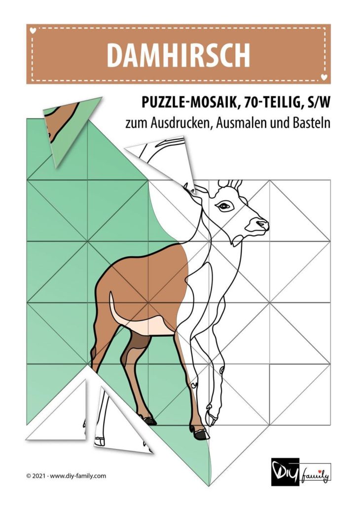 Damhirsch – Mosaikpuzzle zum Ausschneiden und Ausmalen