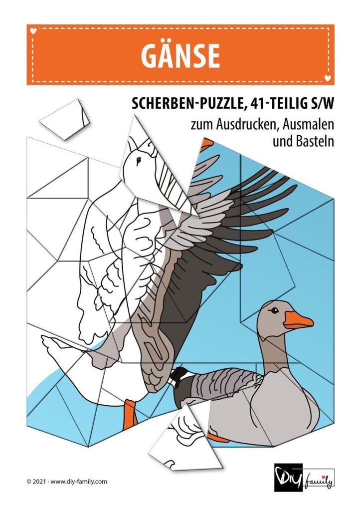 Gänse – Scherben-Puzzle zum Ausdrucken, Ausschneiden und Ausmalen