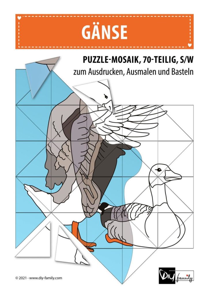 Gänse – Mosaikpuzzle zum Ausschneiden und Ausmalen