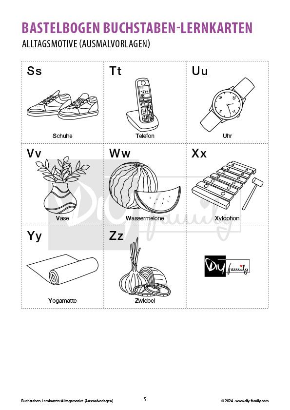 Buchstaben Lernkarten Alltag zum Ausmalen