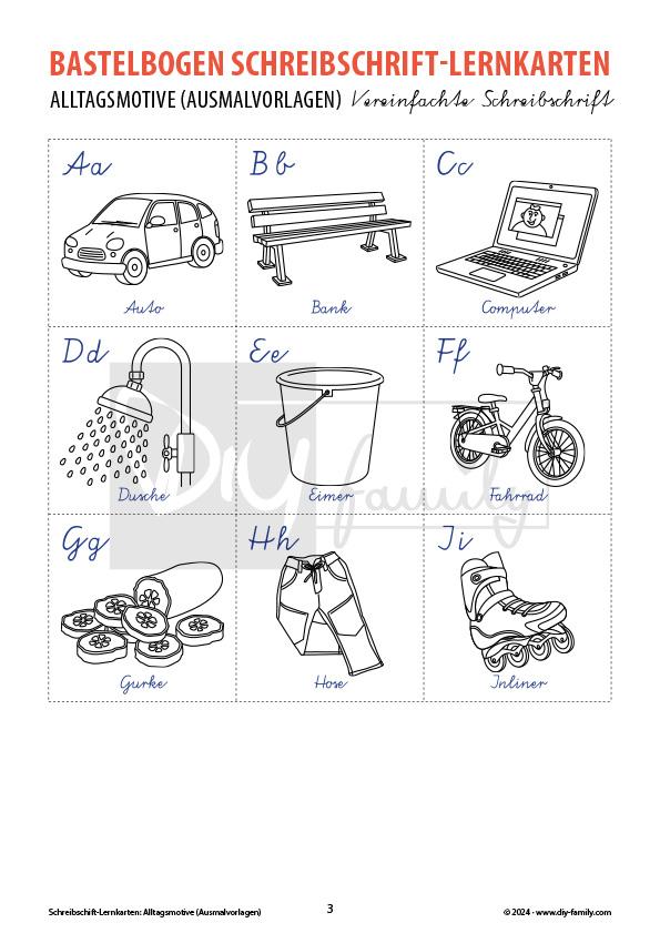 Schreibschrift Lernkarten Alltag zum Ausmalen