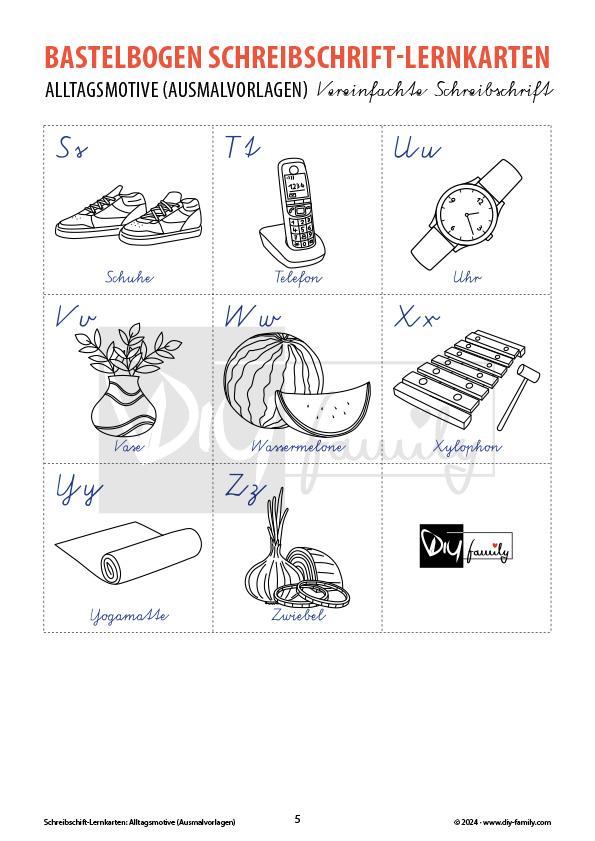 Schreibschrift Lernkarten Alltag zum Ausmalen